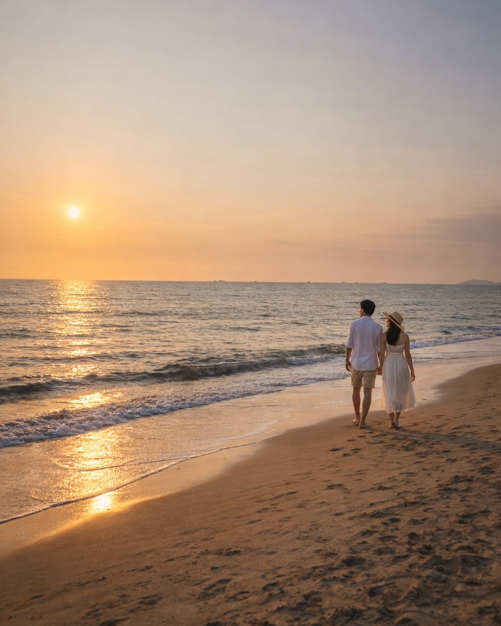 Couple walking the beach at golden sunset with the West Philippine Sea stretching behind them
